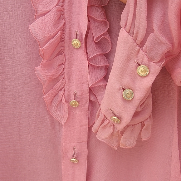 CHANEL fall 2006 runway pink ruffle blouse gold crystal logo buttons size 34 - Picture 12 of 16